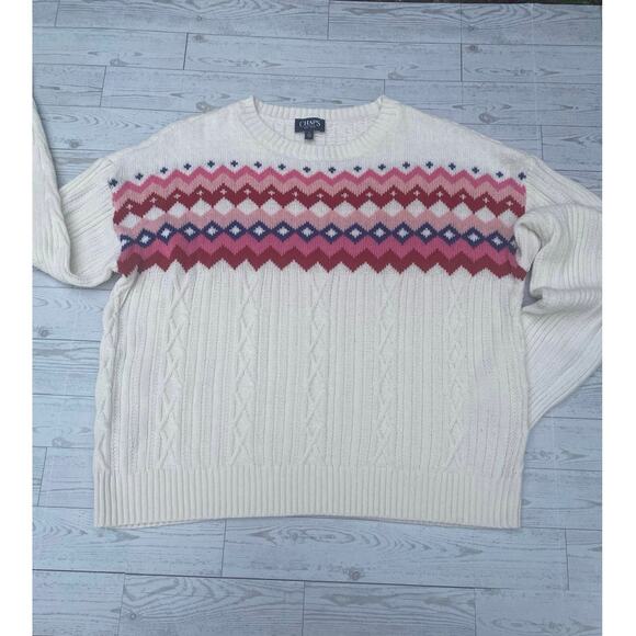 Chaps Women’s Fair Isle Sweater Large Cream Pink Red Cable Knit Nordic Winter - Picture 1 of 7